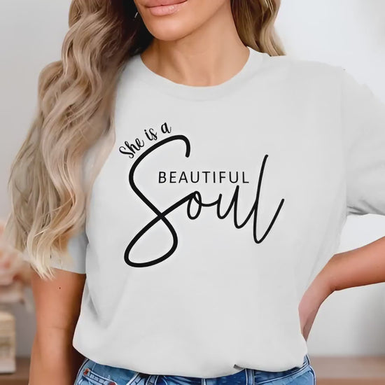 Video of Beautiful Soul crew neck t-shirt with cotton fabric and short sleeves.