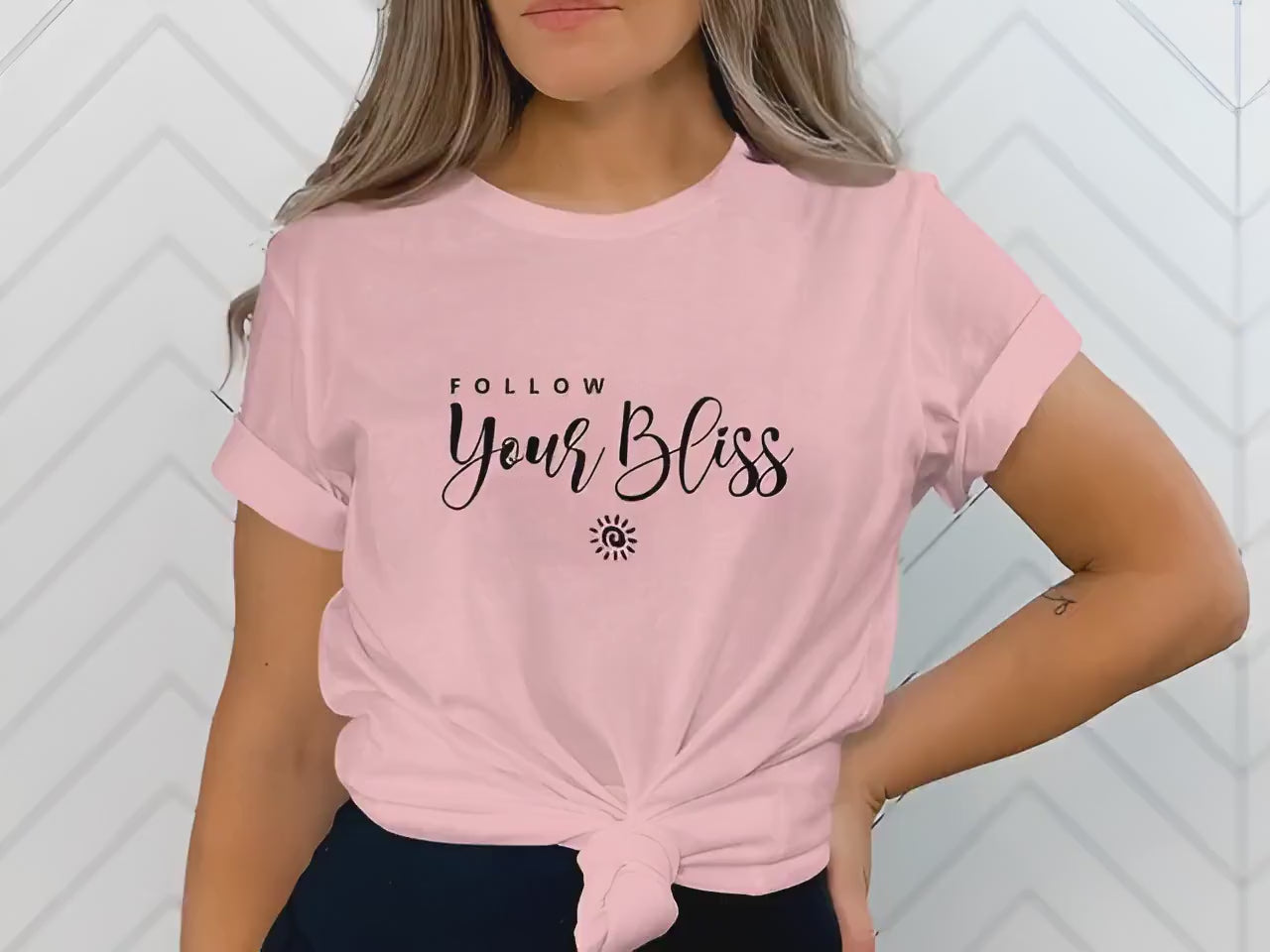 Video showing Follow Your Bliss crew neck tee for stylish and affordable everyday fashion.