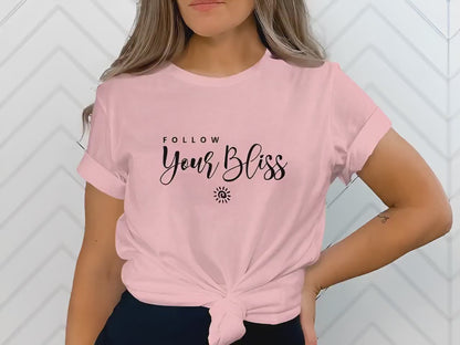 Video showing Follow Your Bliss crew neck tee for stylish and affordable everyday fashion.