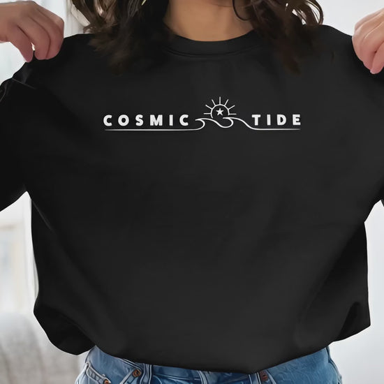 Cosmic Tide graphic sweatshirt shown on model with subtle fabric movement