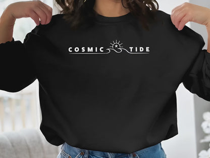 Cosmic Tide graphic sweatshirt shown on model with subtle fabric movement