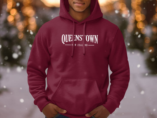 Maroon Queenstown New Zealand Hoodie with a streetwear-inspired look, unisex cut, and front pocket