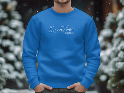 Royal Blue Queenstown New Zealand Sweatshirt, medium-heavy cotton blend, crew neck, & relaxed unisex fit.