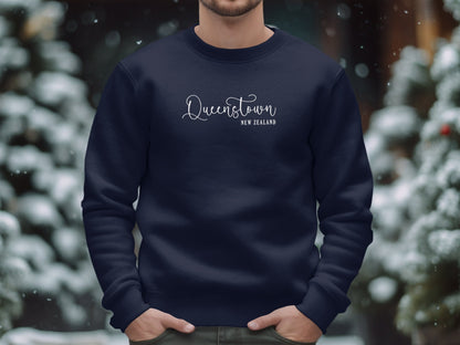Navy Queenstown New Zealand Sweatshirt, cotton blend, crew neck, seamless body, & unisex fit for casual comfort.