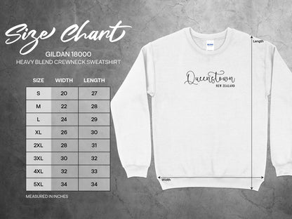Queenstown New Zealand Sweatshirt size chart (S-3XL) for chest, sleeve, & body length measurements.