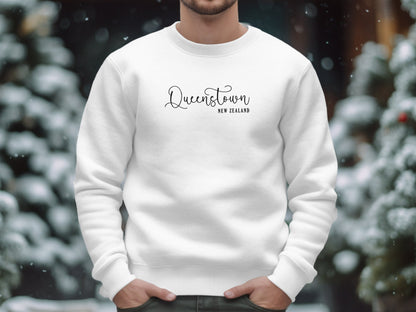 White Queenstown New Zealand Sweatshirt, cotton blend, crew neck, seamless body, & relaxed unisex fit for easy layering.