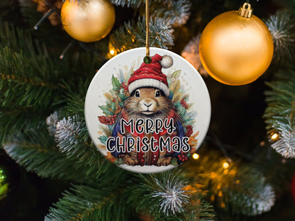 Ceramic Christmas ornament showcasing a festive rabbit portrait framed by holly leaves and seasonal greenery.