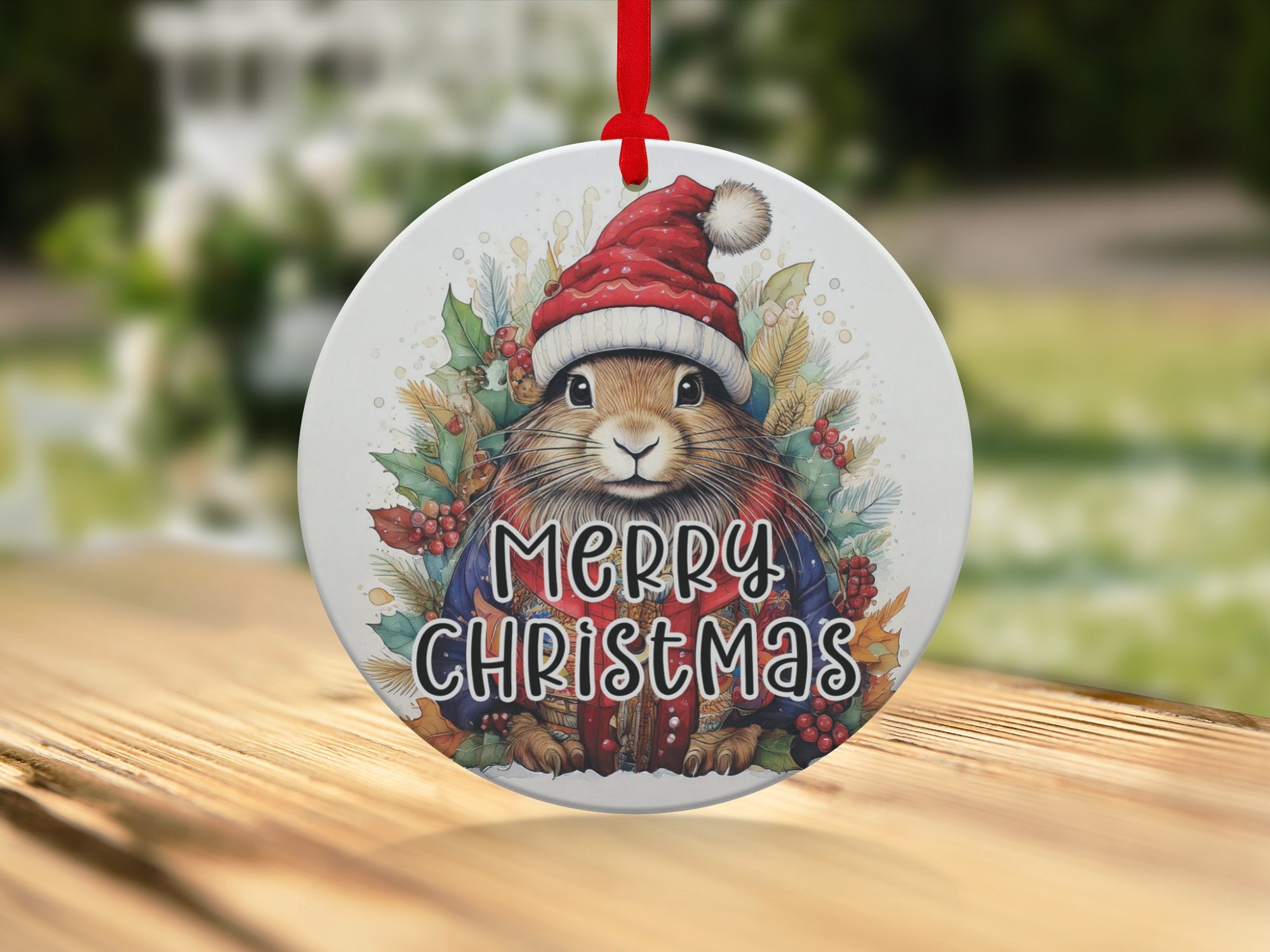 Christmas tree ornament with illustrated rabbit, festive botanical wreath details, and cheerful Merry Christmas text.