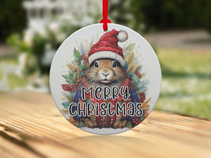 Christmas tree ornament with illustrated rabbit, festive botanical wreath details, and cheerful Merry Christmas text.