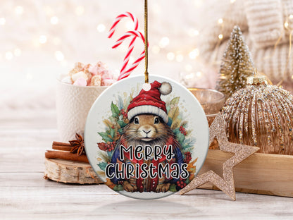 Rabbit Christmas ornament featuring a watercolour bunny in a red Santa hat surrounded by holly and pine branches.