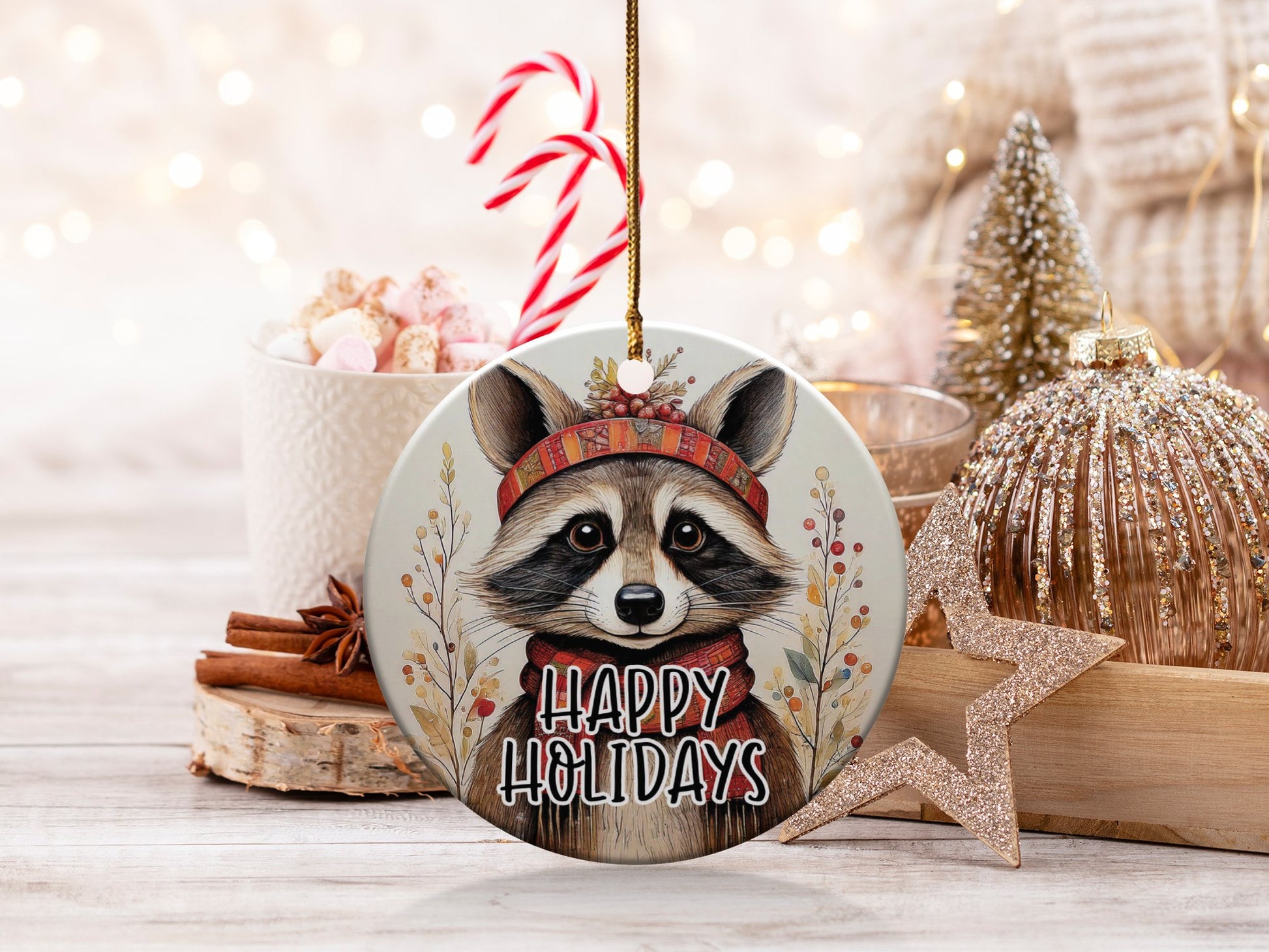 Raccoon Happy Holidays Ornament Image 2