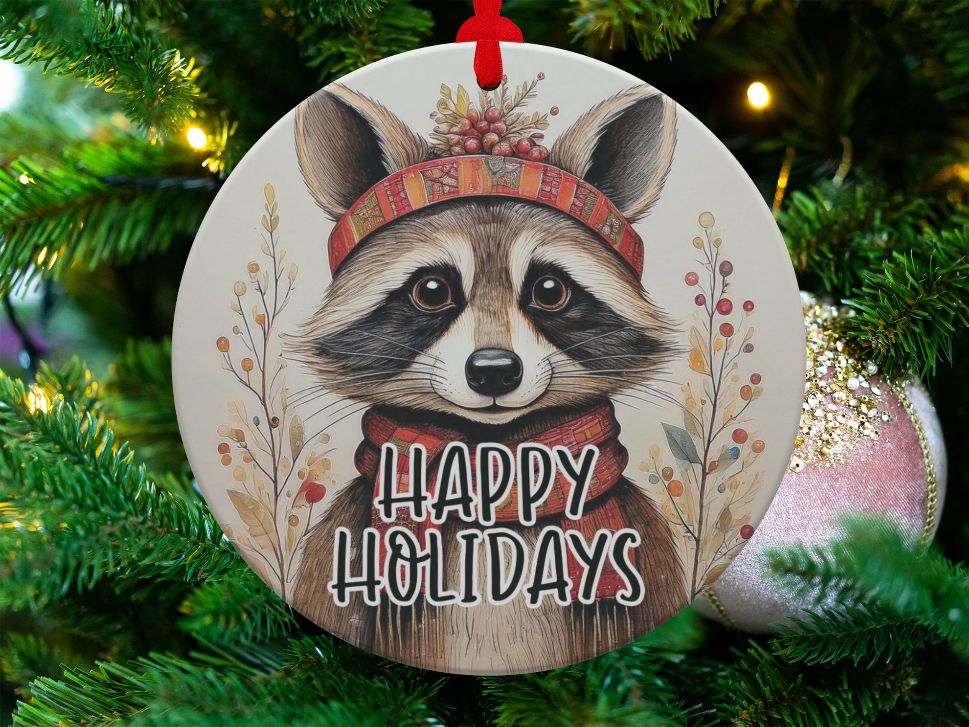 Raccoon Happy Holidays Ornament Image 4