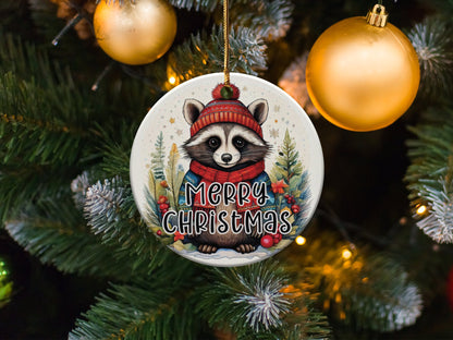 Woodland raccoon Christmas decoration with teal knitwear, winter trees, and festive botanical accents.