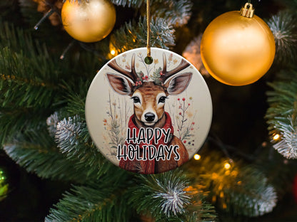 Nature-inspired Christmas ornament showcasing a reindeer with soulful eyes on a warm cream background.
