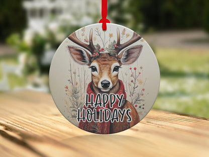 Rustic woodland ornament featuring an elegant reindeer portrait surrounded by winter berries and greenery.