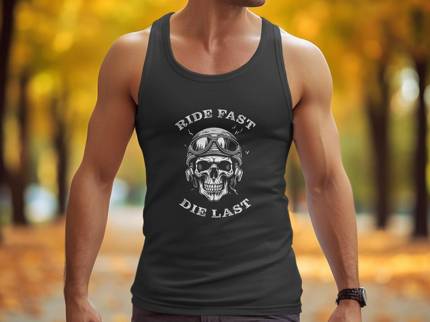 Ride Fast Die Last Tank Top in black, sleeveless cotton blend with scoop neck and relaxed unisex style.