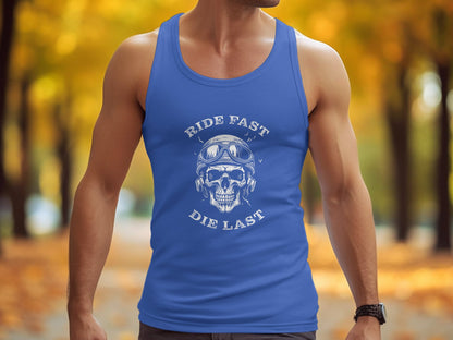True royal Ride Fast Die Last Tank Top, unisex scoop neck style in soft cotton with an athletic edge.