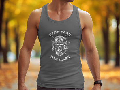 Charcoal Ride Fast Die Last Tank Top, unisex fit with sleeveless cut and airy scoop neck for everyday wear.