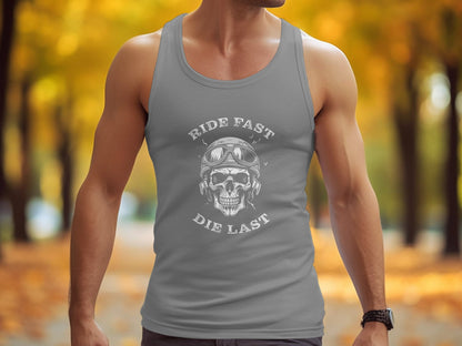 Ride Fast Die Last Tank Top in grey, scoop neck cotton blend with sleeveless unisex fit for casual looks.