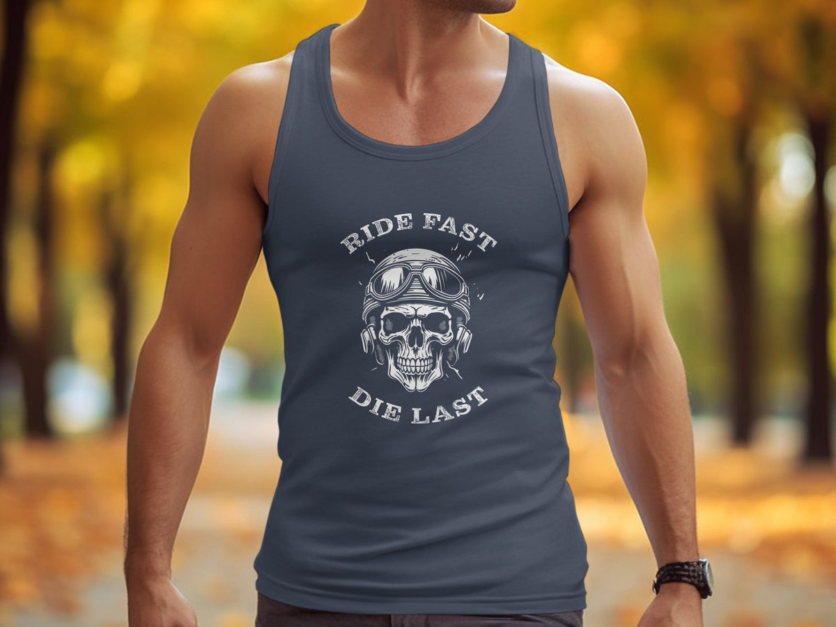 Navy Ride Fast Die Last Tank Top with monochrome skull helmet illustration and symmetrical arched distressed serif typography.