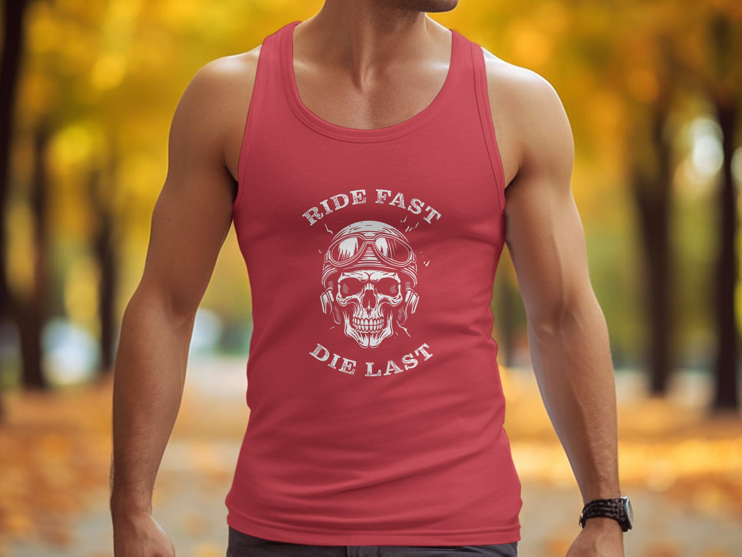 Red Ride Fast Die Last Tank Top, lightweight sleeveless design with soft cotton and bold unisex vibe.