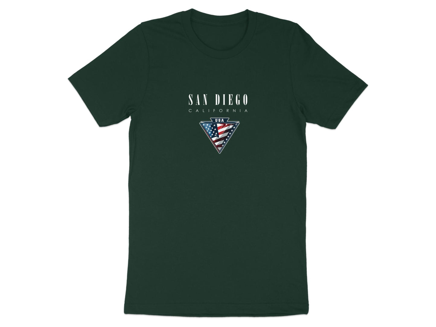 Forest green San Diego T-shirt featuring a crew neck, side seams, short sleeves & durable cotton fabric