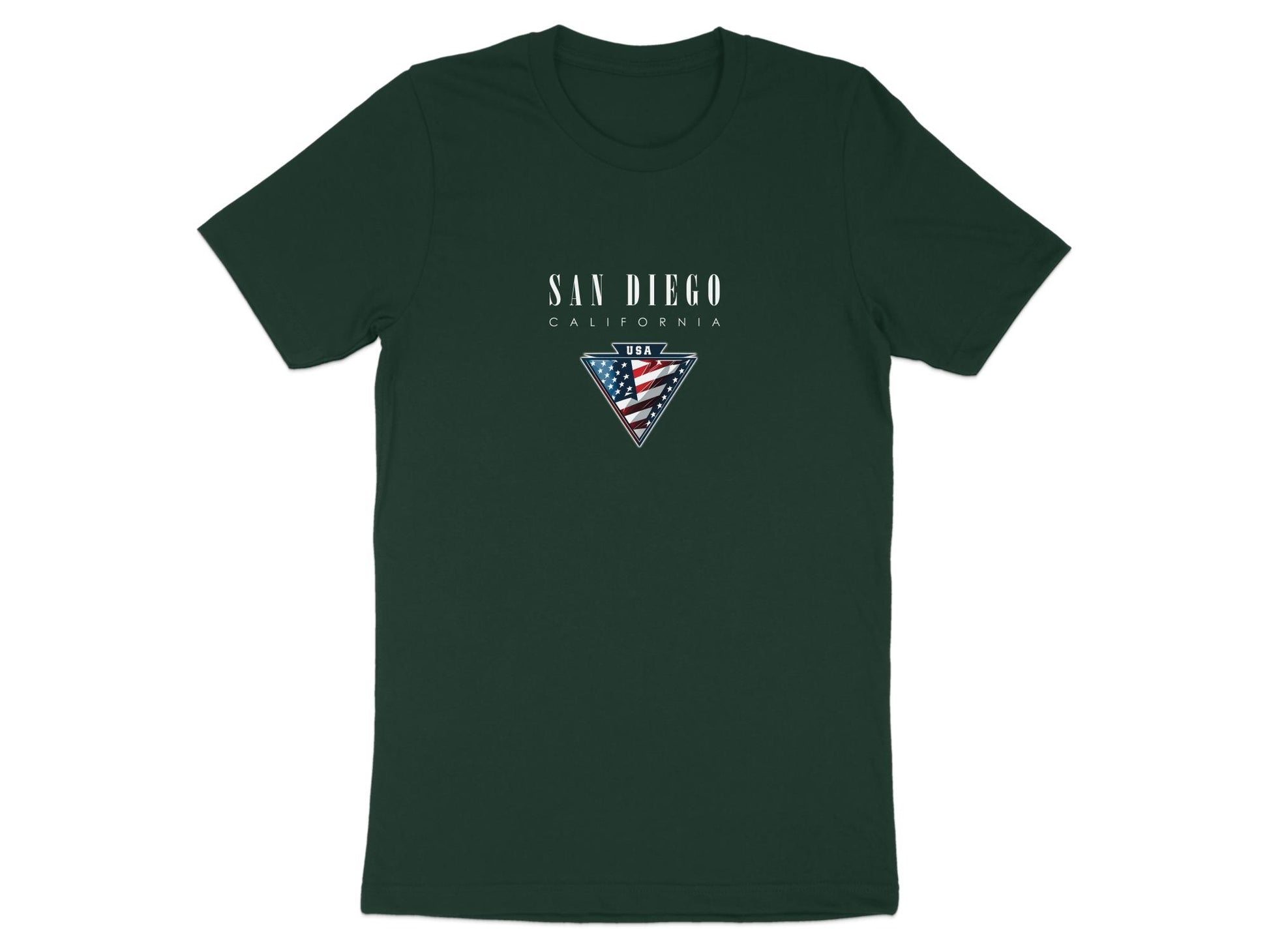 Forest green San Diego T-shirt featuring a crew neck, side seams, short sleeves & durable cotton fabric