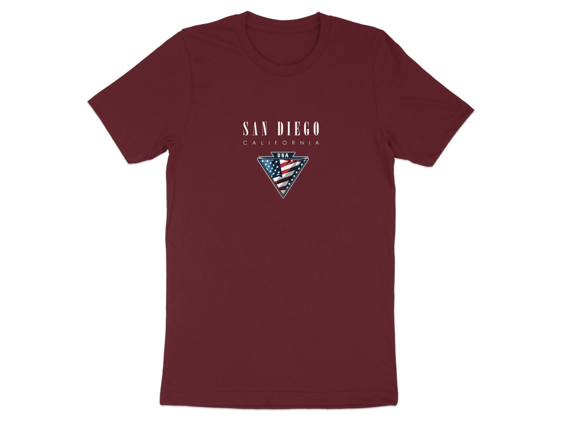 Maroon San Diego t‑shirt featuring white serif San Diego lettering and a vivid USA flag badge framed in a metallic‑style triangle.