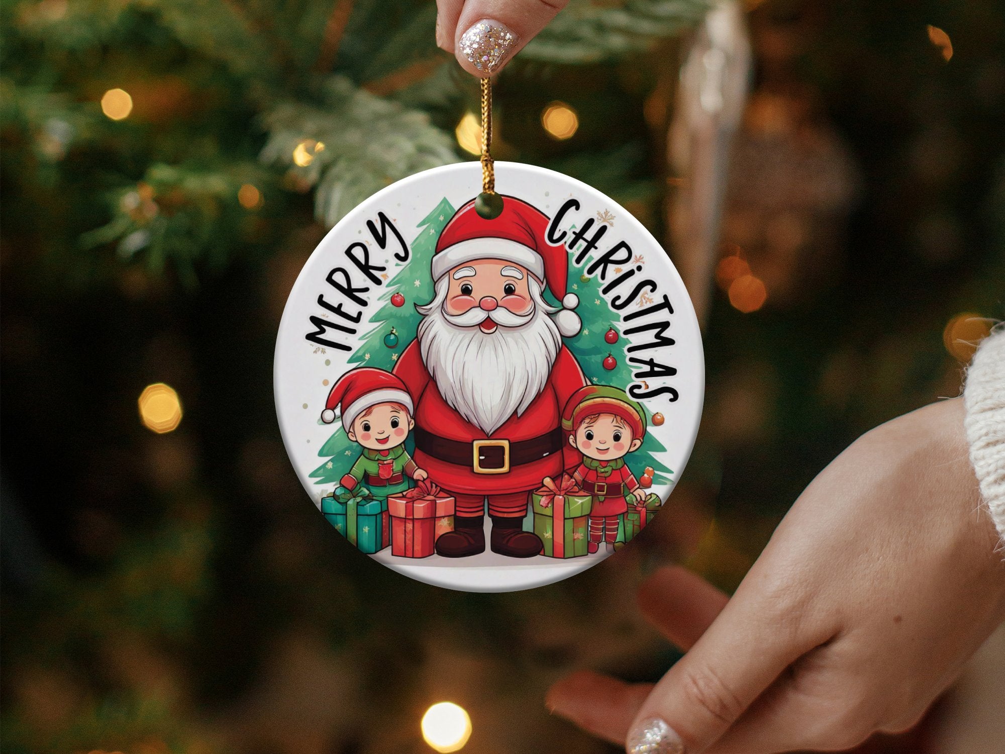 Merry Christmas ornament with storybook Santa, smiling elves, gift boxes, snowflakes, and holiday artwork.