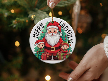 Merry Christmas ornament with storybook Santa, smiling elves, gift boxes, snowflakes, and holiday artwork.