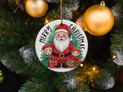 Round holiday ornament showcasing Santa Claus and his helpers surrounded by wrapped Christmas presents with Merry Christmas message.