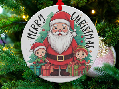 Festive Christmas tree ornament featuring a cartoon Santa scene with elves and decorated evergreens.