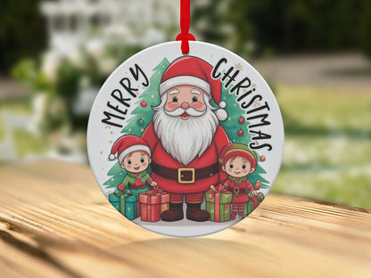 Ceramic ornament depicting Santa and two elves carrying gifts beneath playful Merry Christmas black lettering.