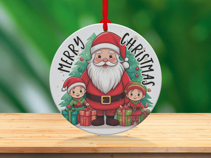 Holiday keepsake ornament with cheerful North Pole characters, colourful presents, and snowy festive details beneath Merry Christmas message.