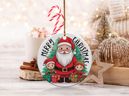 Santa Claus Christmas ceramic ornament featuring two cheerful elves, colourful presents, and decorated festive trees.