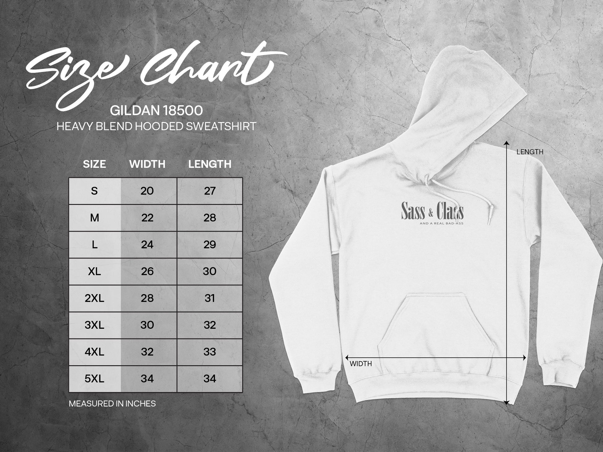 Detailed size chart for Sass and Class hoodie showing measurements for all available unisex sizes small to 3XL.