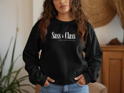 Black Sass and Class sweatshirt with bold slogan print, soft fleece interior, and relaxed unisex streetwear style.