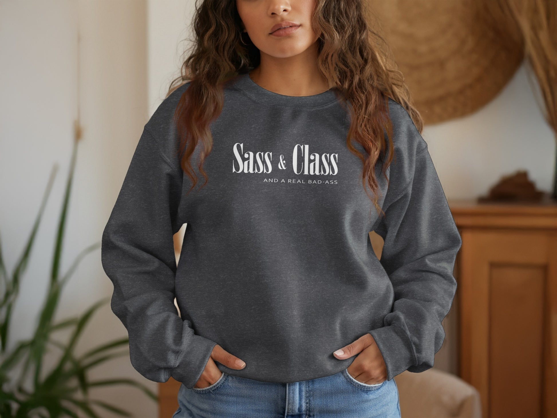 Dark heather Sass and Class sweatshirt with bold typography, breathable cotton-blend fleece, and versatile layering style.