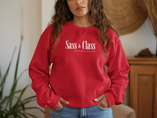 Red Sass and Class pullover sweatshirt with statement graphic, warm fleece lining, and confident streetwear vibe.