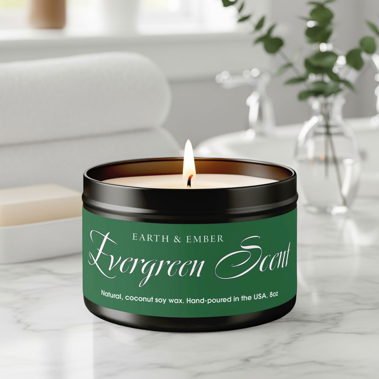 Scented candle on a bench with soft lighting, highlighting fragrance and home decor style