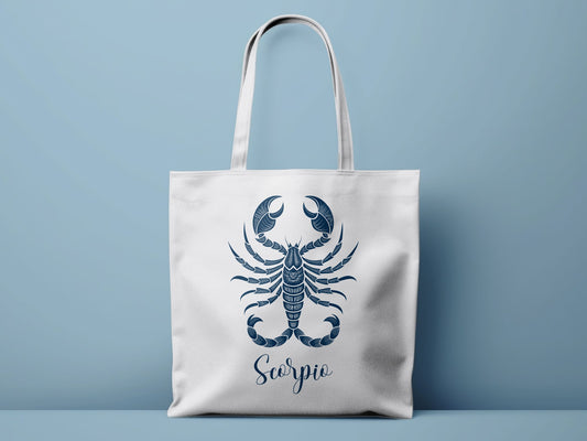 Scorpio Tote Bag showing a highly detailed scorpion design with patterned claws, segmented tail, and textured armour.