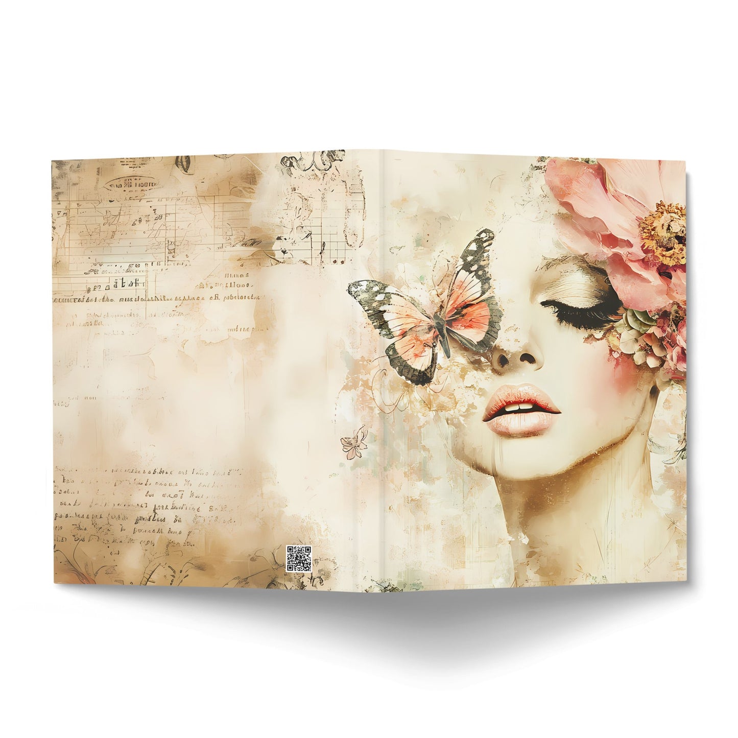 Scrapbook Butterfly Journal displaying floral portrait artwork with coordinating vintage collage back cover.