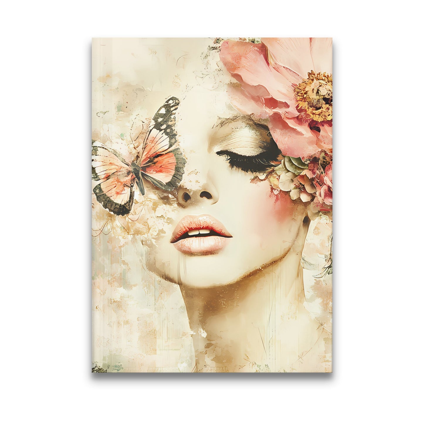 Scrapbook Butterfly Journal featuring a female portrait with blush peonies, dried sunflower, and butterfly artwork.
