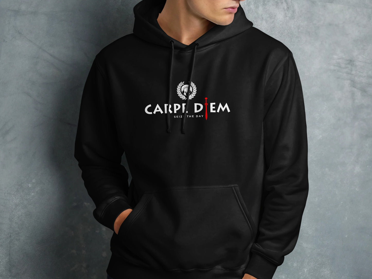 Seize the Day black hoodie with soft cotton fabric, relaxed fit, and motivational print for stylish everyday comfort.