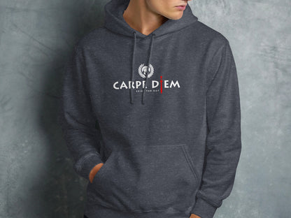 Seize the Day dark heather grey hoodie with relaxed fit, inspirational print, and comfortable all-season design.