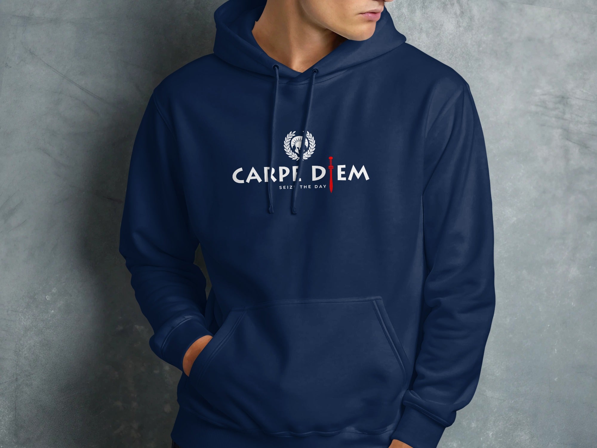 Navy Seize the Day hoodie with Roman-inspired helmet emblem, laurel detailing and red sword typography design.