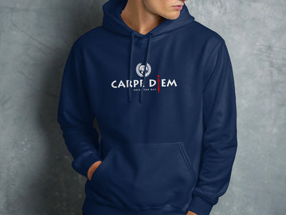 Seize the Day navy pullover hoodie featuring durable design, cozy fabric, and an inspiring motivational slogan design.
