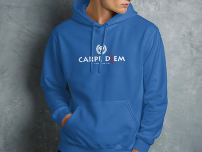 Seize the Day royal blue hoodie with adjustable hood, kangaroo pocket, and modern fit for casual, uplifting style.