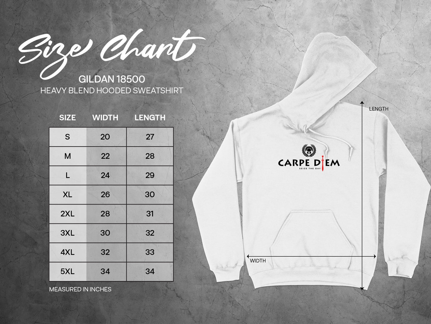 Seize the Day hoodie size chart displaying chest, length, and sleeve measurements for accurate, confident sizing.
