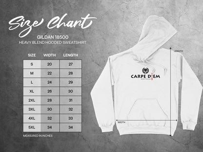 Seize the Day hoodie size chart displaying chest, length, and sleeve measurements for accurate, confident sizing.